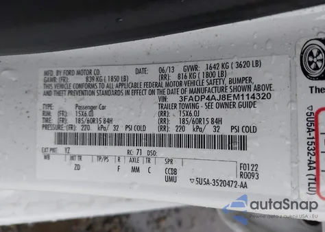 2014 Ford Fiesta S z USA, uszkodzony, nr VIN 3FADP4AJ8EM114320